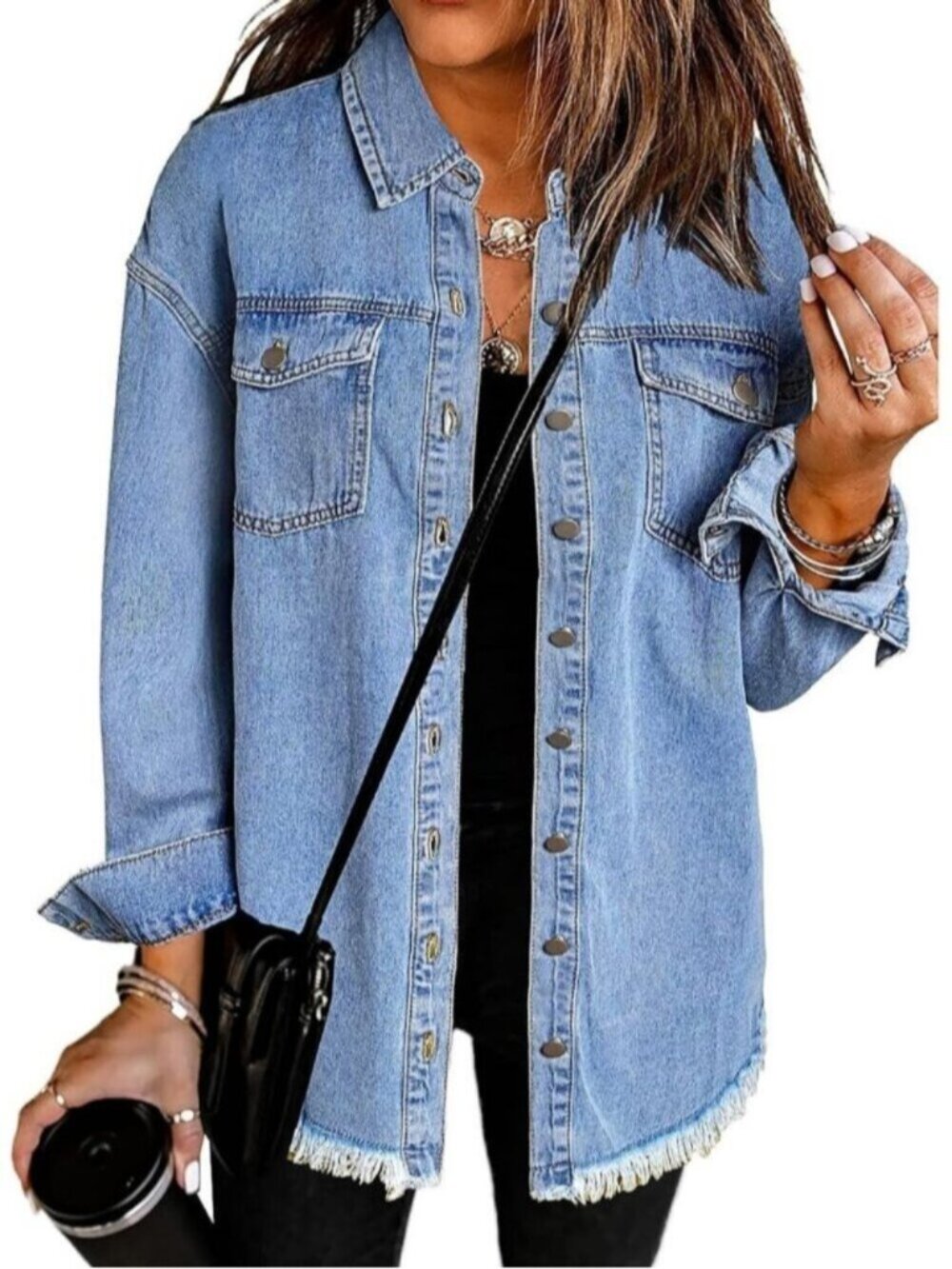 Women's Blue Drop Shoulder Oversized Button Up Frayed Raw Hem Denim Jean Jacket